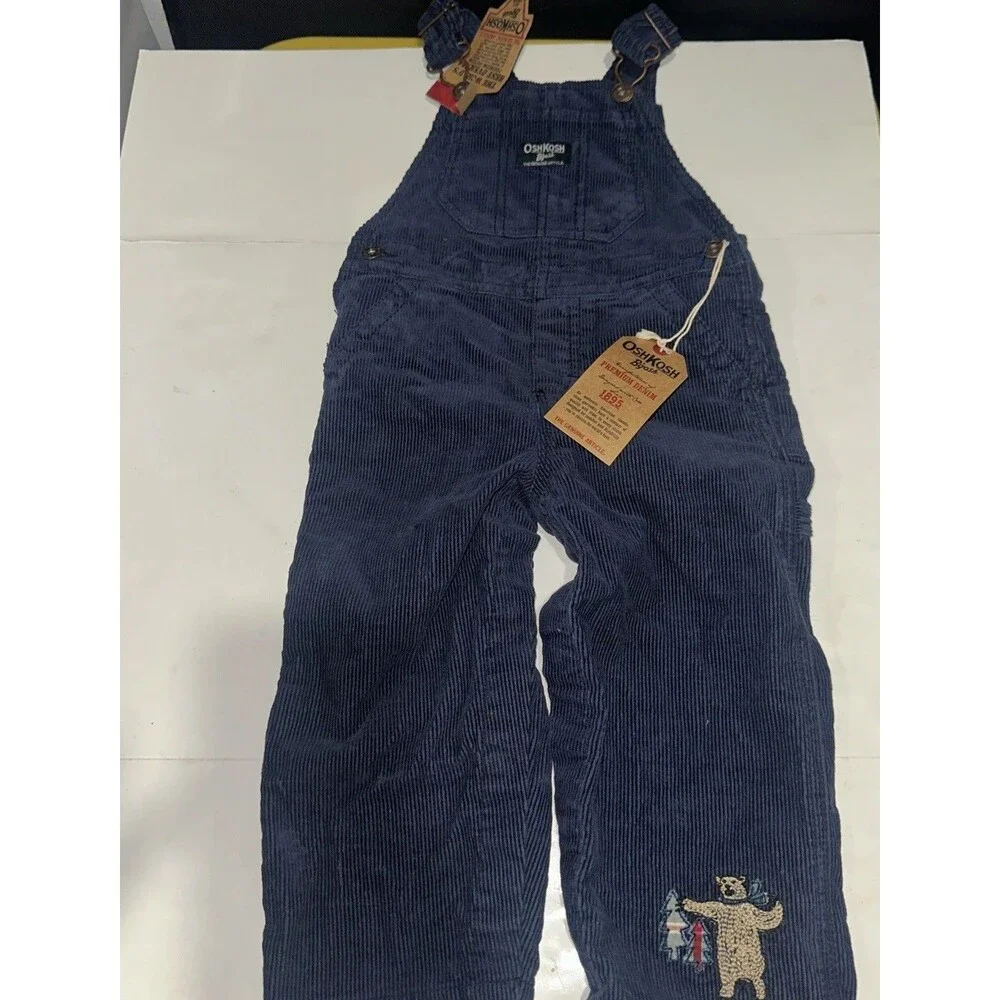 Vintage OSHKOSH B'GOSH navy Blue Corduroy Bear Print Overalls Kids 24 Months